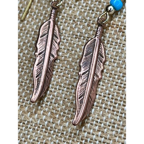 Copper Feather Dangle Earrings With Turquoise Bead Accent - Picture 3 of 7